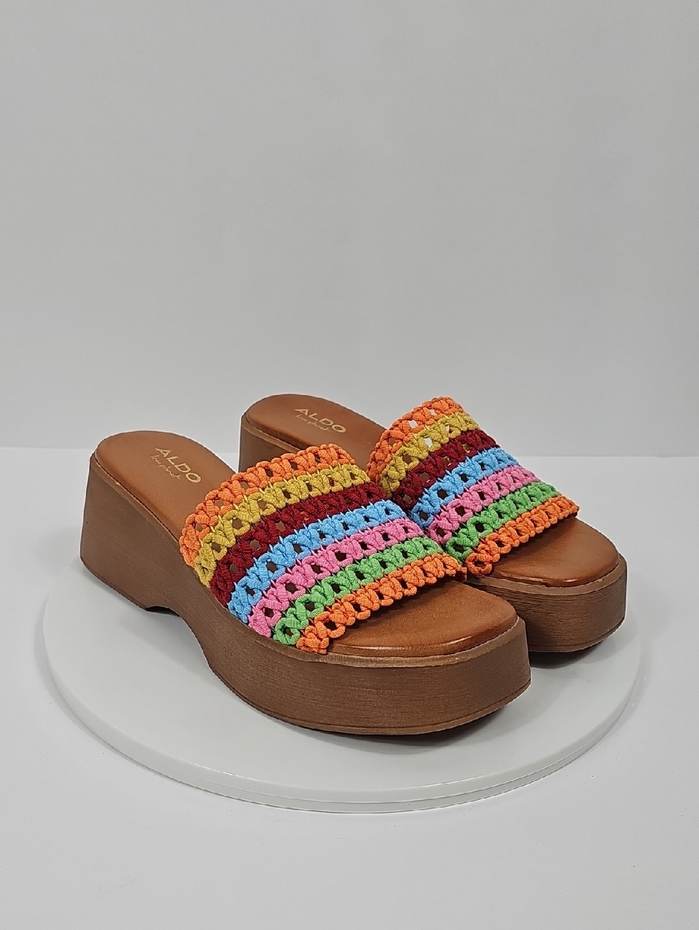NIB Aldo Yassu Rainbow Crochet Platform Slide Sandals Crochet Multicolor Brown 7 - Picture 2 of 13